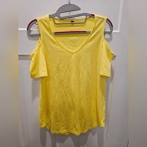 Yellow Cold Shoulder V-Neck Top Size XS Soft Stretch Knit Summer Tee